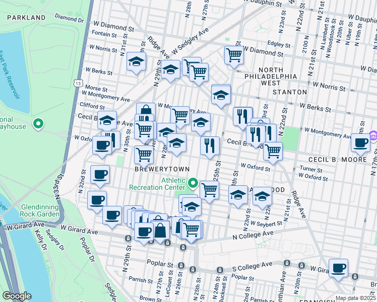 map of restaurants, bars, coffee shops, grocery stores, and more near 1602 North Bailey Street in Philadelphia