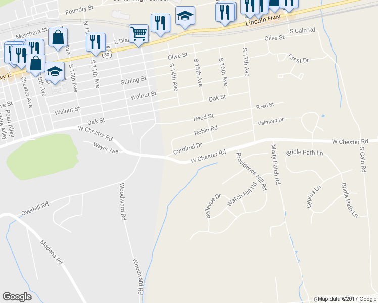 map of restaurants, bars, coffee shops, grocery stores, and more near 1408 Cardinal Drive in Coatesville