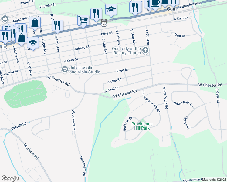 map of restaurants, bars, coffee shops, grocery stores, and more near 1408 Cardinal Drive in Coatesville