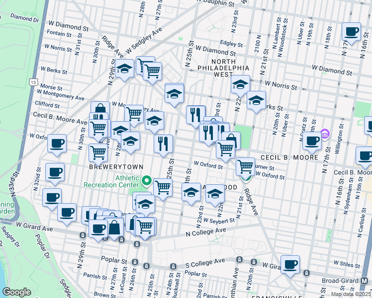 map of restaurants, bars, coffee shops, grocery stores, and more near 2416 Nicholas Street in Philadelphia
