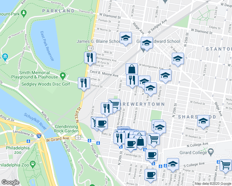 map of restaurants, bars, coffee shops, grocery stores, and more near 3011 Redner Street in Philadelphia