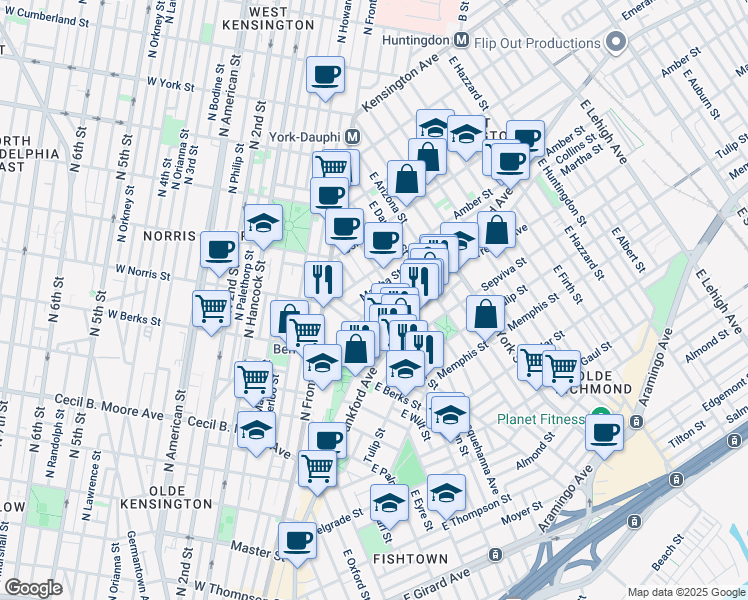 map of restaurants, bars, coffee shops, grocery stores, and more near 2038 Trenton Avenue in Philadelphia