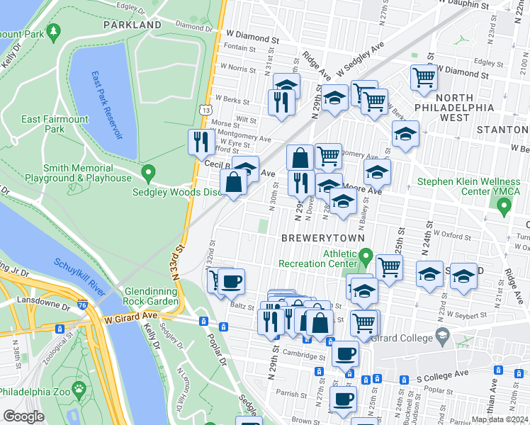 map of restaurants, bars, coffee shops, grocery stores, and more near 3011 Redner Street in Philadelphia