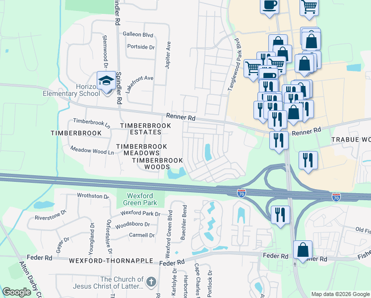 map of restaurants, bars, coffee shops, grocery stores, and more near 1396 Bellow Falls Place in Columbus