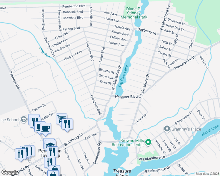 map of restaurants, bars, coffee shops, grocery stores, and more near 402 West Lakeshore Drive in Browns Mills