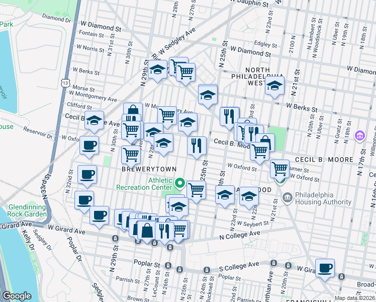 map of restaurants, bars, coffee shops, grocery stores, and more near Turner Street in Philadelphia