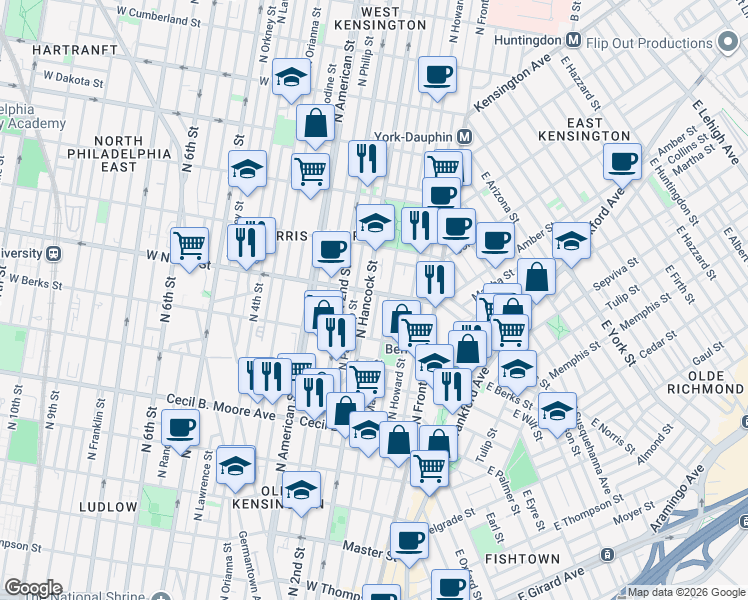 map of restaurants, bars, coffee shops, grocery stores, and more near 1906 North Hancock Street in Philadelphia