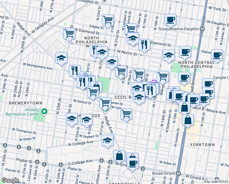 map of restaurants, bars, coffee shops, grocery stores, and more near 2021 Cecil B. Moore Avenue in Philadelphia