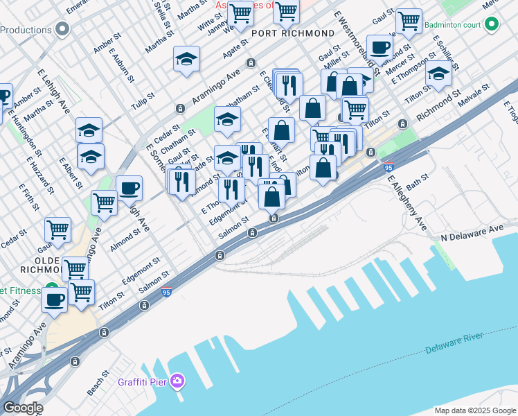 map of restaurants, bars, coffee shops, grocery stores, and more near 2724 East Birch Street in Philadelphia