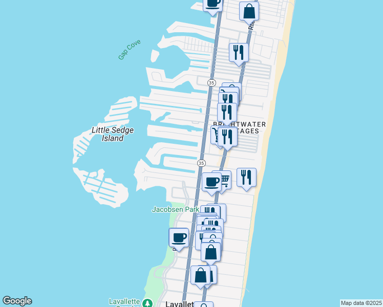 map of restaurants, bars, coffee shops, grocery stores, and more near 215 Bay Beach Way in Lavallette