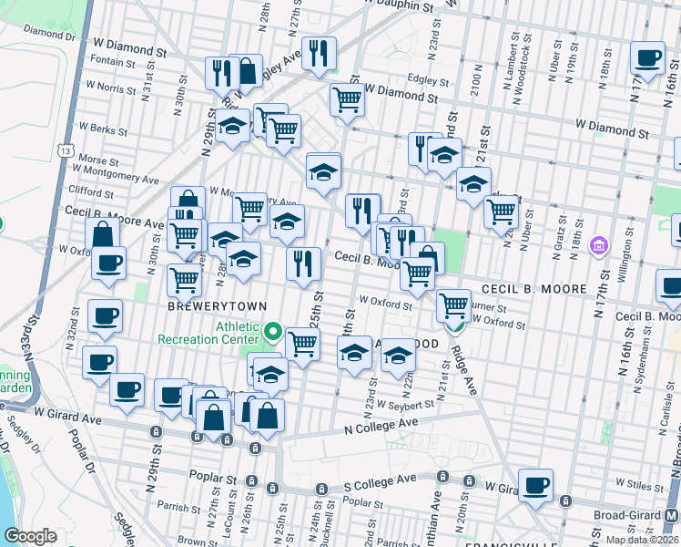 map of restaurants, bars, coffee shops, grocery stores, and more near 2447 Cecil B. Moore Avenue in Philadelphia