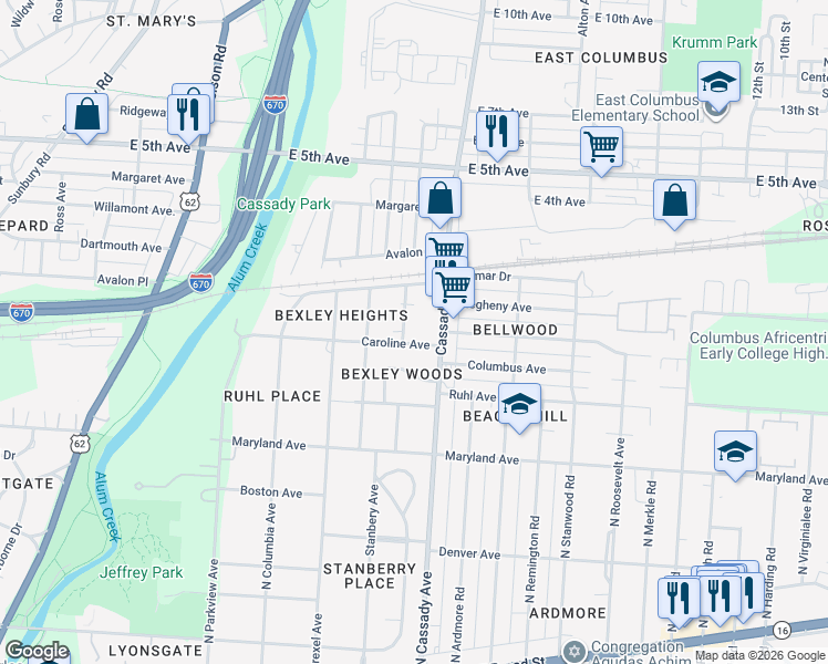 map of restaurants, bars, coffee shops, grocery stores, and more near 520 Stanbery Avenue in Columbus