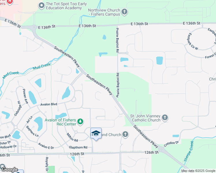 map of restaurants, bars, coffee shops, grocery stores, and more near 14874 Southeastern Parkway in Fishers