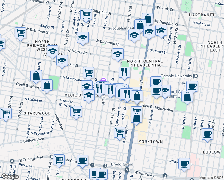 map of restaurants, bars, coffee shops, grocery stores, and more near 1735 Willington Street in Philadelphia