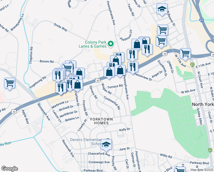 map of restaurants, bars, coffee shops, grocery stores, and more near 741 Terrace Road in York