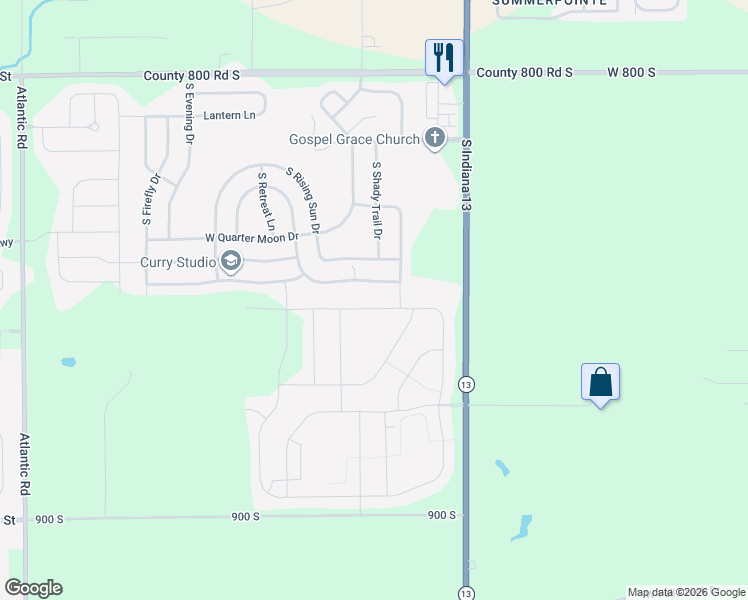 map of restaurants, bars, coffee shops, grocery stores, and more near 9158 West Swimming Hole Lane in Pendleton