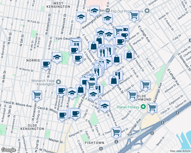 map of restaurants, bars, coffee shops, grocery stores, and more near 2219 Blair Street in Philadelphia