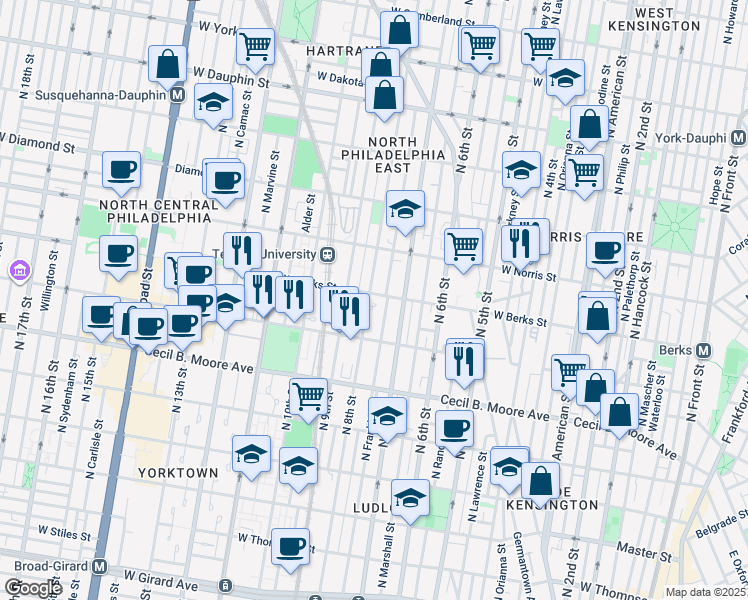 map of restaurants, bars, coffee shops, grocery stores, and more near 1855 North 8th Street in Philadelphia