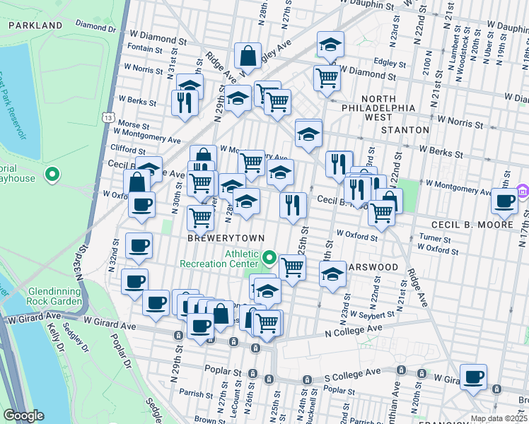 map of restaurants, bars, coffee shops, grocery stores, and more near 1602 North Bailey Street in Philadelphia