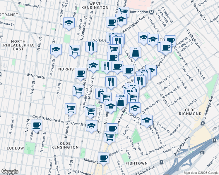 map of restaurants, bars, coffee shops, grocery stores, and more near 2029 Hope Street in Philadelphia