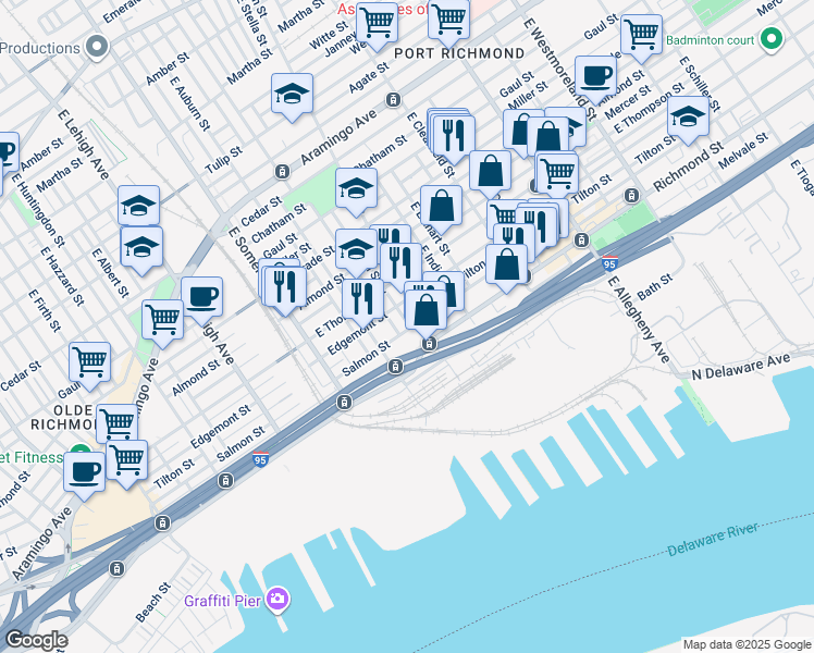 map of restaurants, bars, coffee shops, grocery stores, and more near 2724 East Birch Street in Philadelphia