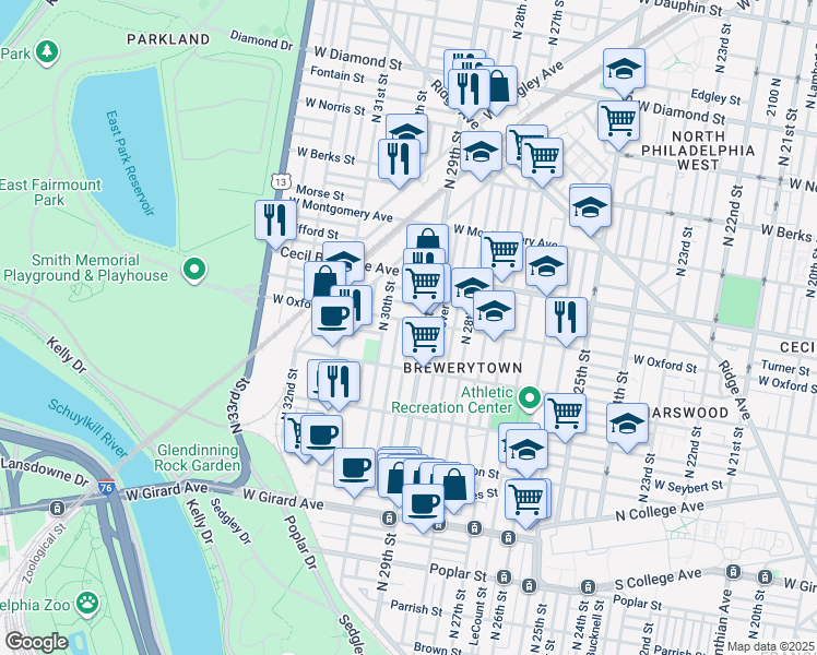 map of restaurants, bars, coffee shops, grocery stores, and more near 2914 West Oxford Street in Philadelphia
