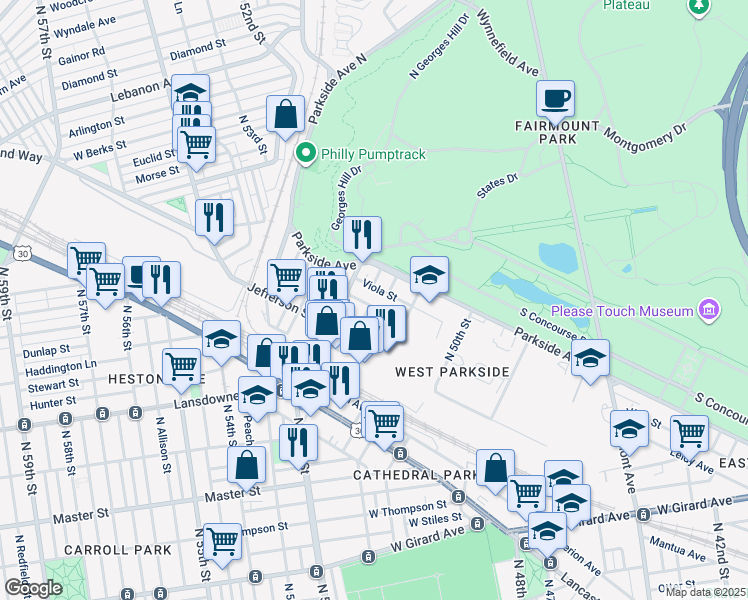 map of restaurants, bars, coffee shops, grocery stores, and more near 5153 West Columbia Avenue in Philadelphia