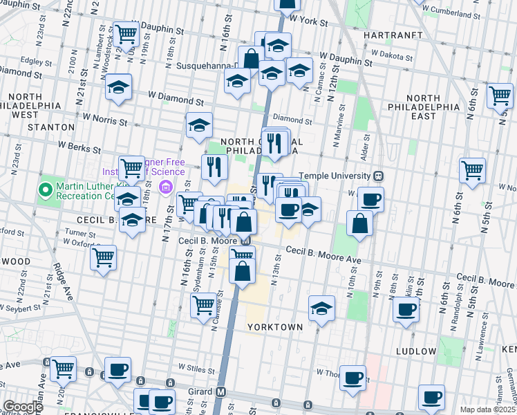 map of restaurants, bars, coffee shops, grocery stores, and more near 1801 North Broad Street in Philadelphia