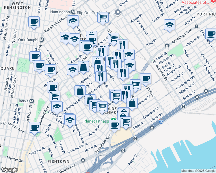 map of restaurants, bars, coffee shops, grocery stores, and more near 2345 East Firth Street in Philadelphia