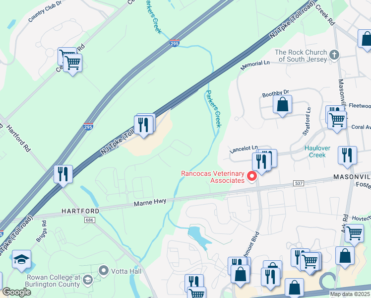 map of restaurants, bars, coffee shops, grocery stores, and more near in Mount Laurel Township