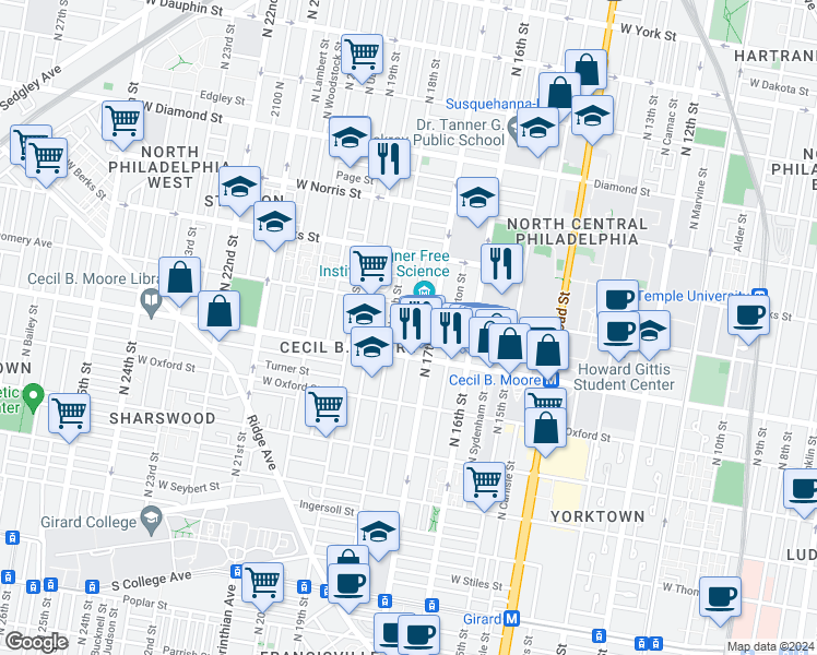 map of restaurants, bars, coffee shops, grocery stores, and more near 1726 North Bouvier Street in Philadelphia