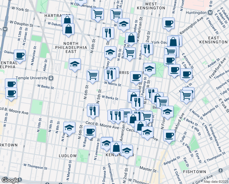 map of restaurants, bars, coffee shops, grocery stores, and more near 1925 North 4th Street in Philadelphia