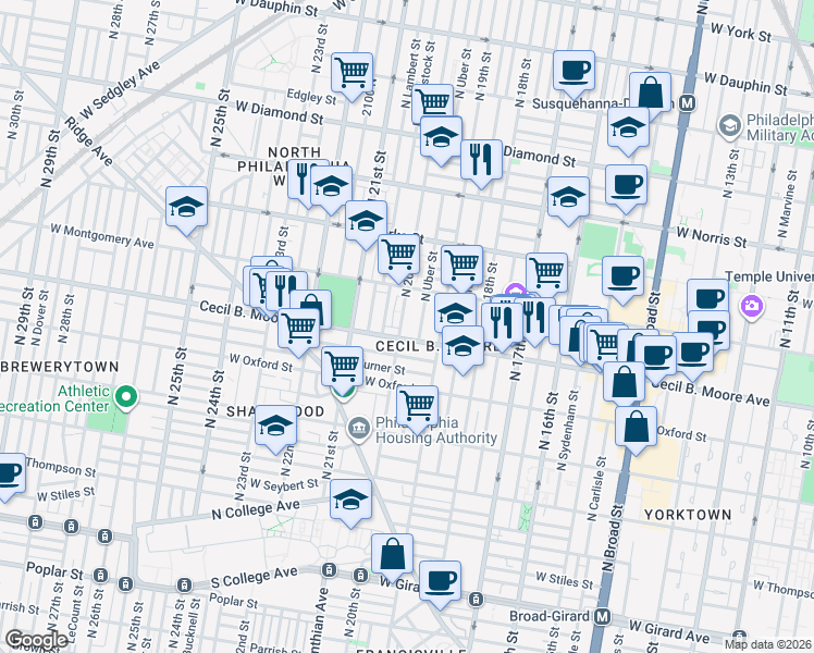 map of restaurants, bars, coffee shops, grocery stores, and more near 1720 North Uber Street in Philadelphia