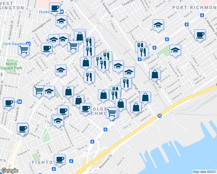 map of restaurants, bars, coffee shops, grocery stores, and more near 2400 East Huntingdon Street in Philadelphia