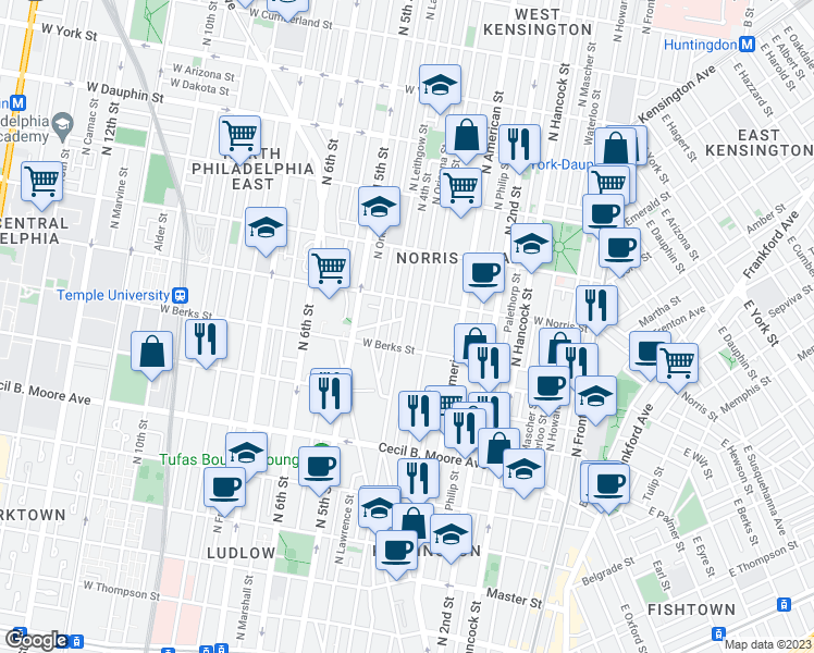 map of restaurants, bars, coffee shops, grocery stores, and more near 1925 North 4th Street in Philadelphia