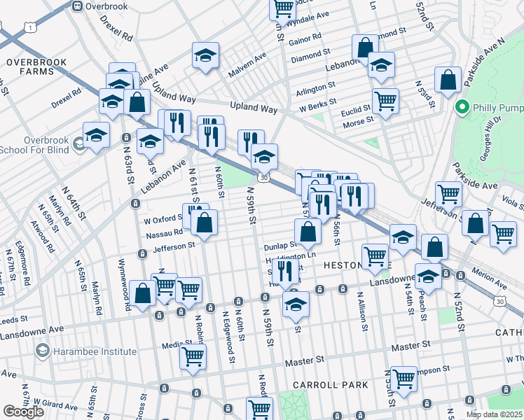 map of restaurants, bars, coffee shops, grocery stores, and more near 5790 West Oxford Street in Philadelphia