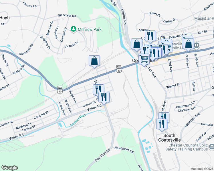 map of restaurants, bars, coffee shops, grocery stores, and more near 218 Charles Street in Coatesville