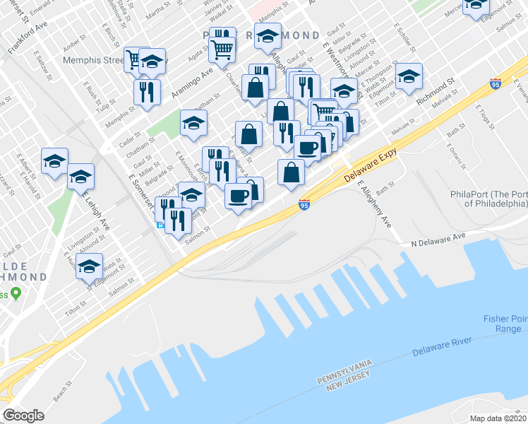 map of restaurants, bars, coffee shops, grocery stores, and more near 2985 Richmond Street in Philadelphia