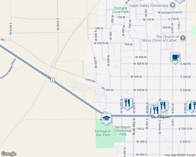 map of restaurants, bars, coffee shops, grocery stores, and more near 296 North 500 West in Santaquin