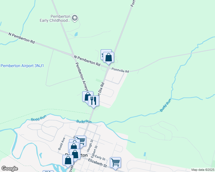 map of restaurants, bars, coffee shops, grocery stores, and more near 30 Fort Dix Road in Pemberton