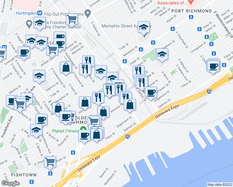 map of restaurants, bars, coffee shops, grocery stores, and more near 2444 East Lehigh Avenue in Philadelphia