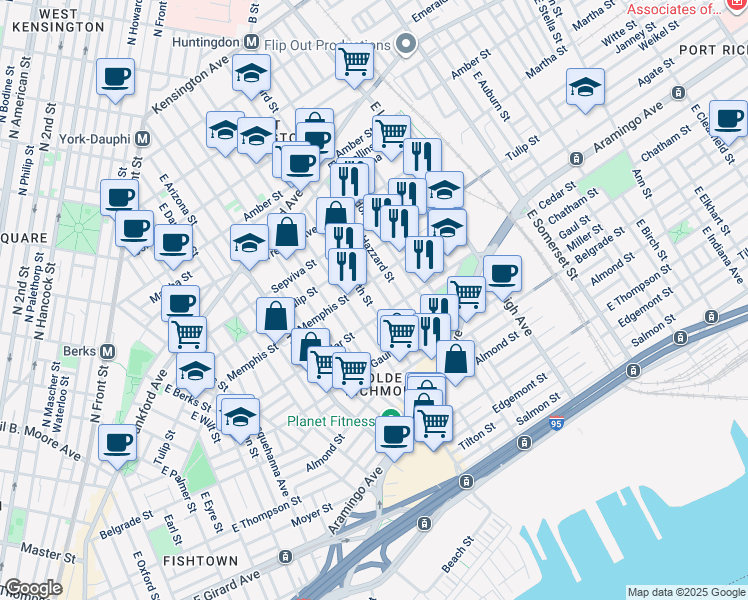 map of restaurants, bars, coffee shops, grocery stores, and more near 2345 East Firth Street in Philadelphia