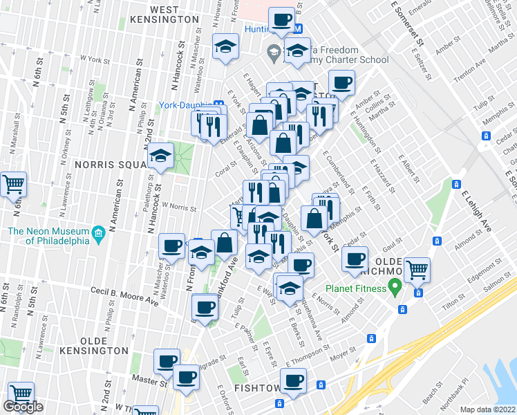 map of restaurants, bars, coffee shops, grocery stores, and more near 2134 East Dauphin Street in Philadelphia