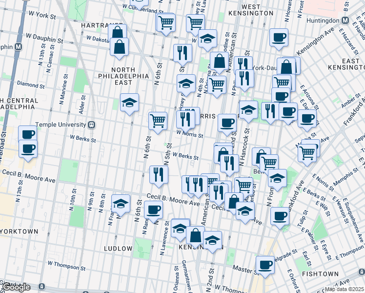map of restaurants, bars, coffee shops, grocery stores, and more near 402 West Norris Street in Philadelphia