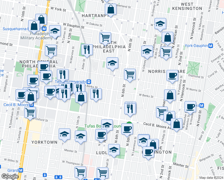 map of restaurants, bars, coffee shops, grocery stores, and more near 1913 North Franklin Street in Philadelphia
