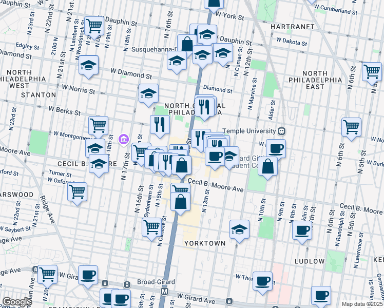 map of restaurants, bars, coffee shops, grocery stores, and more near 1822 North Broad Street in Philadelphia
