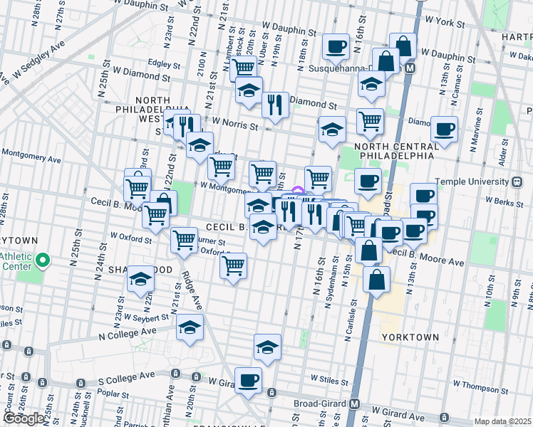 map of restaurants, bars, coffee shops, grocery stores, and more near 1830 West Montgomery Avenue in Philadelphia