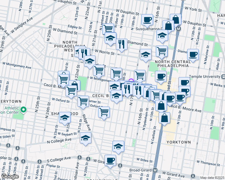 map of restaurants, bars, coffee shops, grocery stores, and more near 1711 North 19th Street in Philadelphia