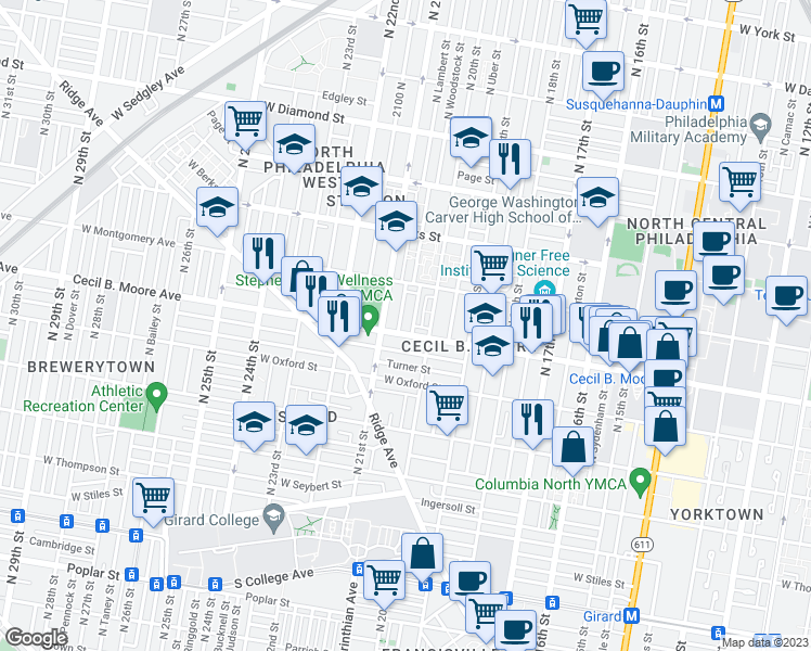 map of restaurants, bars, coffee shops, grocery stores, and more near 2021 Cecil B. Moore Avenue in Philadelphia
