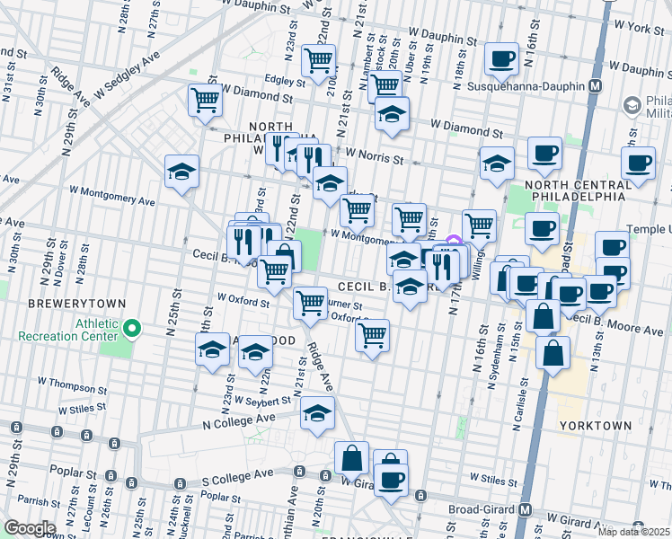 map of restaurants, bars, coffee shops, grocery stores, and more near 1714 North Woodstock Street in Philadelphia